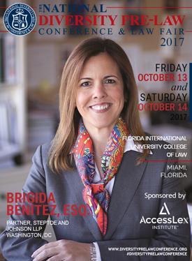 Steptoe’s Brigida Benitez graces the cover of The National Diversity Pre-Law  Conference and Law Fair 2017 brochure.